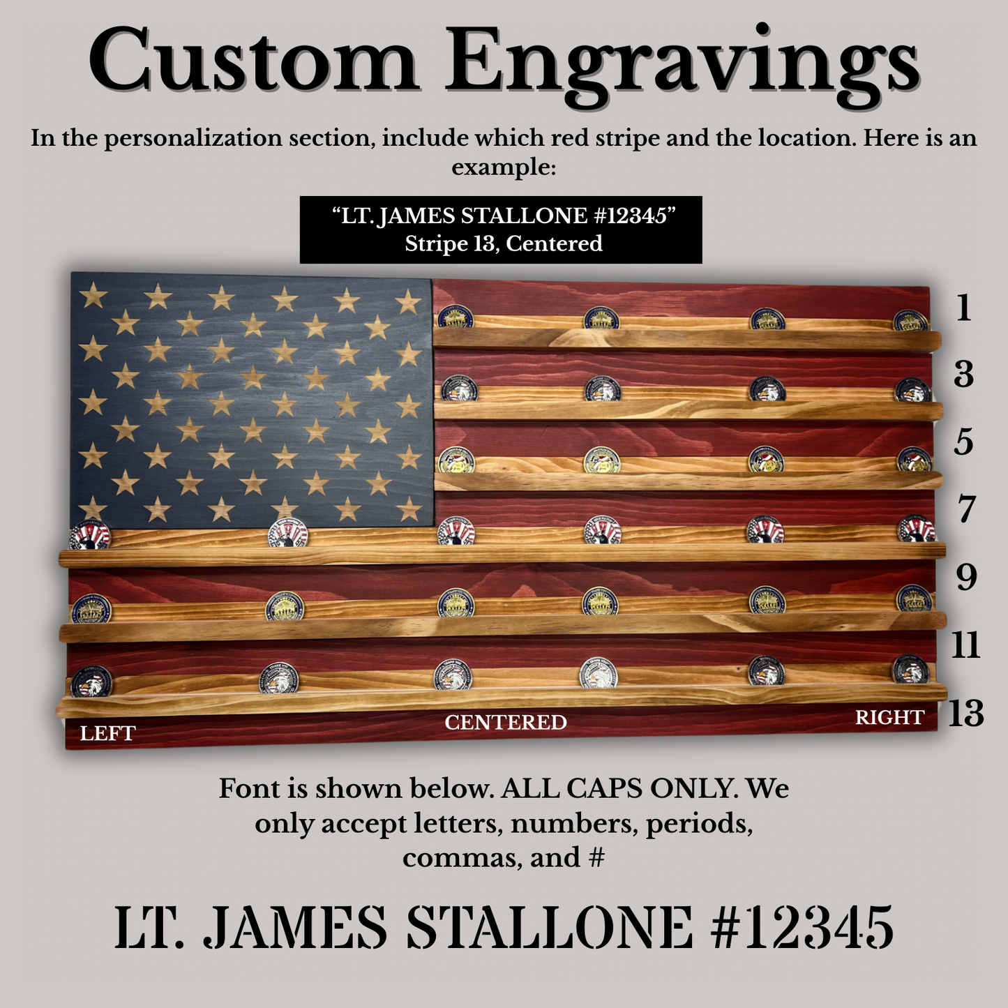 Wooden American Flag Challenge Coin Display (Red/White/Blue)