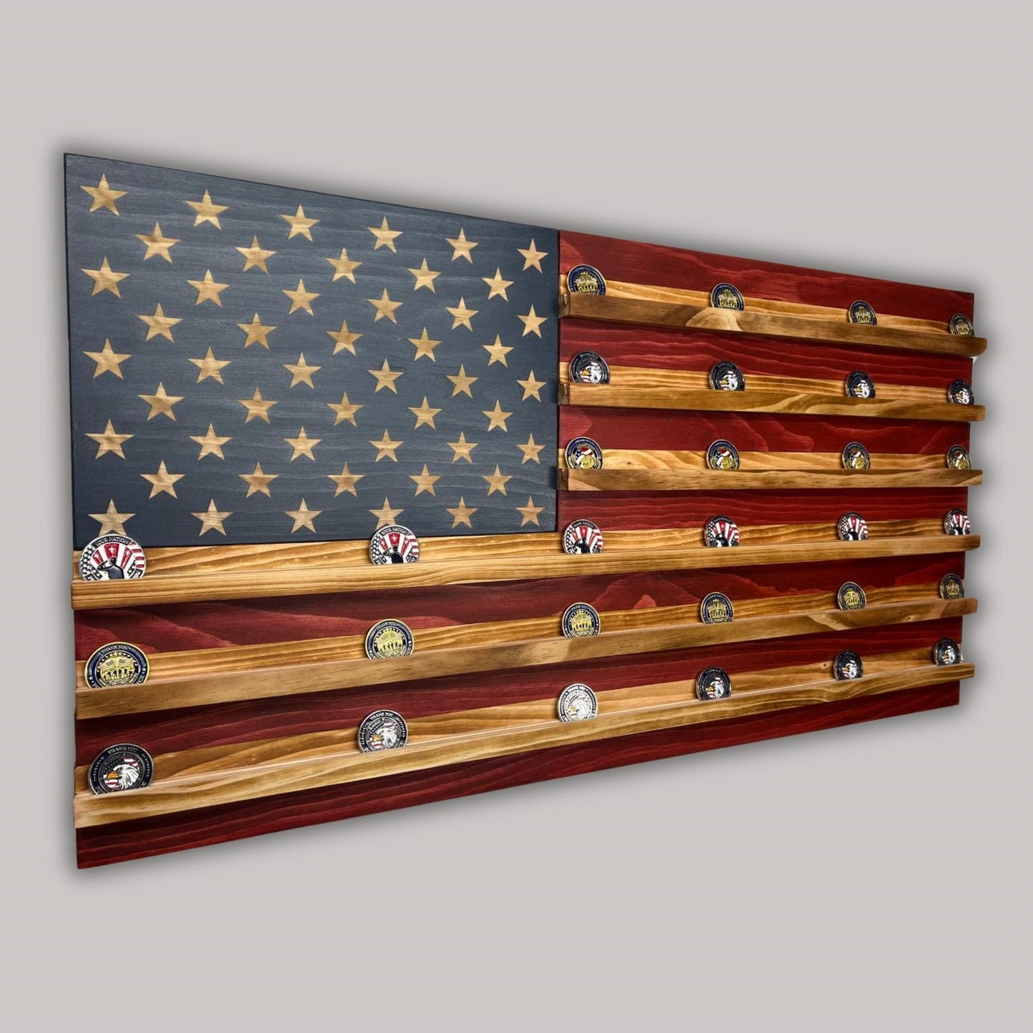 Unique Handcrafted Wooden American Flag Challenge Coin Display Rack Holder, Firefighter, Police, Military, Rustic Patriotic 36x19"