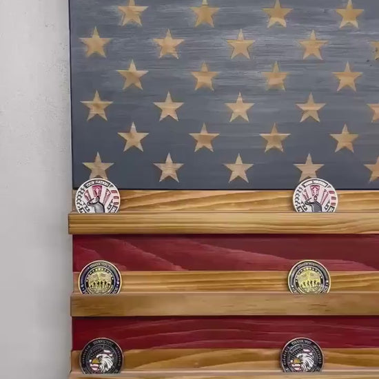 Handcrafted Wooden American Flag Challenge Coin Display Rack Holder, Firefighter, Police, Military, Rustic Patriotic 36x19”